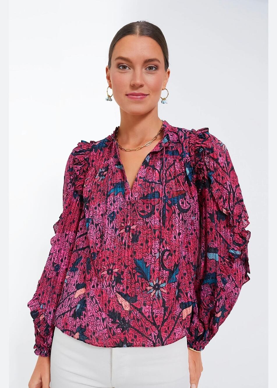 Ulla Johnson Snapdragon Manet Fuchsia Pink Floral Cotton Ruffle Blouse 2